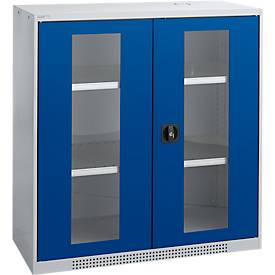 Schäfer Shop Genius dubbeldeurskast FS, staal, kijkvenster, ventilatiegaten, B 1055 x D 520 x H 1105 mm, 3 OH, witaluminium/ gentiaanblauw, tot 300 kg