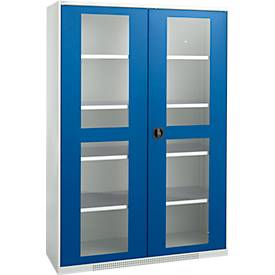 Schäfer Shop Genius dubbeldeurskast FS, staal, kijkvenster, ventilatiegaten, B 1343 x D 620 x H 1950 mm, 5 OH, lichtgrijs/gentiaanblauw, tot 750 kg