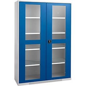 Schäfer Shop Genius dubbeldeurskast FS, staal, kijkvenster, ventilatieopeningen, B 1343 x D 620 x H 1950 mm, 5 OH, aluminium wit/ gentiaanblauw, tot 750 kg