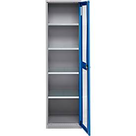 Schäfer Shop Genius metalen materiaalkast FS, met kijkvenster, ventilatiegaten, B 545 x D 520 x H 1950 mm, 5 OH, tot 250 kg, blank.alu kleurig/gentiaanblauw