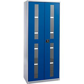 Schäfer Shop Genius metalen materiaalkast FS, met kijkvenster, ventilatiegaten, B 810 x D 520 x H 1950 mm, 5 OH, tot 300 kg, blank alu.kleurig/gentiaanblauw