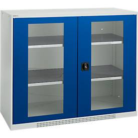 Schäfer Shop Genius dubbeldeurskast FS, staal, kijkvenster, ventilatiegaten, B 1343 x D 520 x H 1105 mm, 3 OH, lichtgrijs/ gentiaanblauw, tot 450 kg
