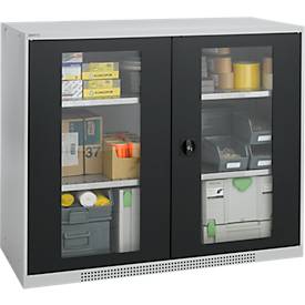 Schäfer Shop Genius dubbeldeurskast FS, staal, kijkvenster, ventilatiegaten, B 1343 x D 520 x H 1105 mm, 3 OH, witaluminium/antracietgrijs, tot 450 kg