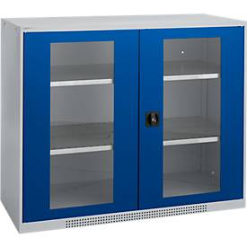 Schäfer Shop Genius dubbeldeurskast FS, staal, kijkvenster, ventilatiegaten, B 1343 x D 520 x H 1105 mm, 3 OH, witaluminium/ gentiaanblauw, tot 450 kg