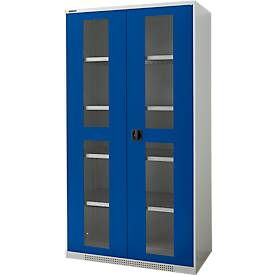 Schäfer Shop Genius metalen materiaalkast FS, met kijkvenster, ventilatiegaten, B 1055 x D 520 x H 1950 mm, 5 OH, tot 500 kg, lichtgrijs/gentiaanblauw