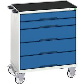 Bott verso verrijdbare ladekast, 5 laden, tot 50 kg per lade, volledig uittrekbaar, B 800 x D 550 x H 965 mm, plaatstaal, grijs-blauw