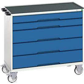 Bott verso verrijdbare ladekast, 5 laden, tot 50 kg per lade, volledig uittrekbaar, B 1050 x D 550 x H 965 mm, plaatstaal, grijs-blauw
