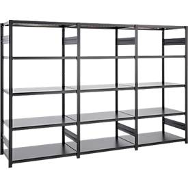 ORDO Insteekstelling  Business - stalen - 1 basisrek + 2 aanbouwrekken - modulair - B 3980 x D 535 x H 2500 mm - draagvermogen 1000 kg - 15 legborden - gitzwart RAL 9005