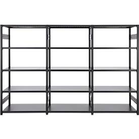 ORDO Insteekstelling  Business - stalen - 1 basisrek + 2 aanbouwrekken - modulair - B 3080 x D 635 x H 2000 mm - draagvermogen 1200 kg - 15 legborden - gitzwart RAL 9005