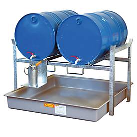Cemo Vatenrek type 800 variant 1 , met vatensteun en opvangbak, voor 2 x 200 L vaten, B 1410 x H 840 x D 1280 mm