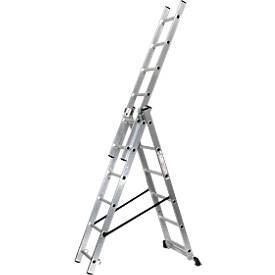 SZ Metall Multifunctionele ladder SZ metaal, 3-delig, met 3 x 6 sporten, tot 150 kg, EN 131, dwarsbalk, spreiderbeveiliging, aluminium
