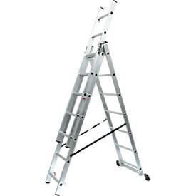 SZ Metall Multifunctionele ladder SZ metaal, 3-delig, met 3 x 7 sporten, tot 150 kg, EN 131, dwarsbalk, spreiderbeveiliging, aluminium