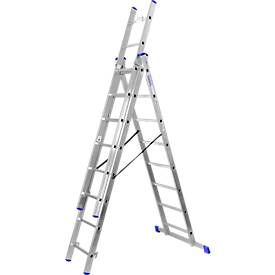 SZ Metall Multifunctionele ladder SZ metaal, 3-delig, met 3 x 8 sporten, tot 150 kg, EN 131, dwarsbalk, spreiderbeveiliging, aluminium
