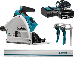 Makita DSP600ZJ + 3,0 Ah accu (2x) en lader + geleiderail