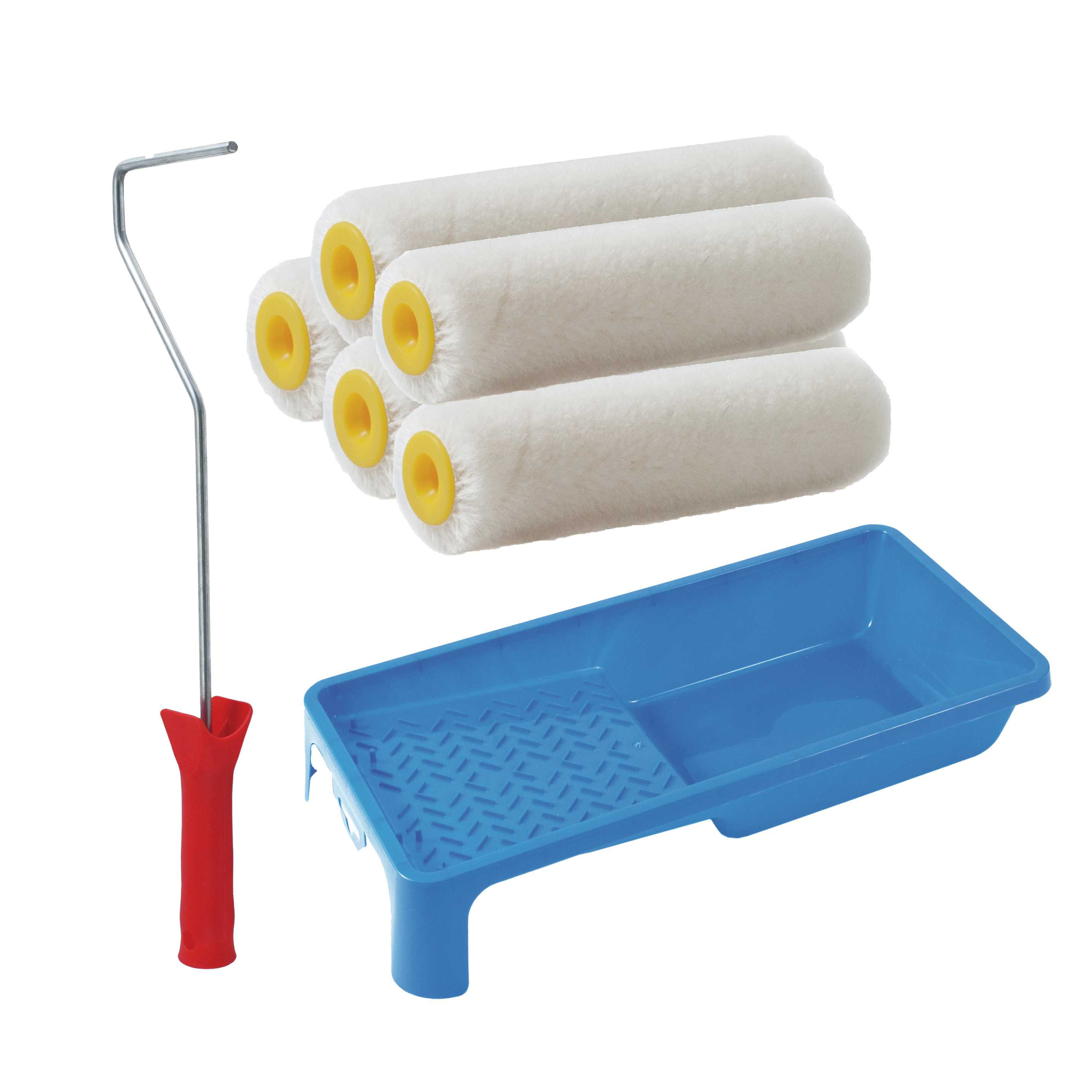 Sorex Verfrollers schilderen set - beugel en verfbak - 5x anti spat vacht verfrollers - 10 cm -