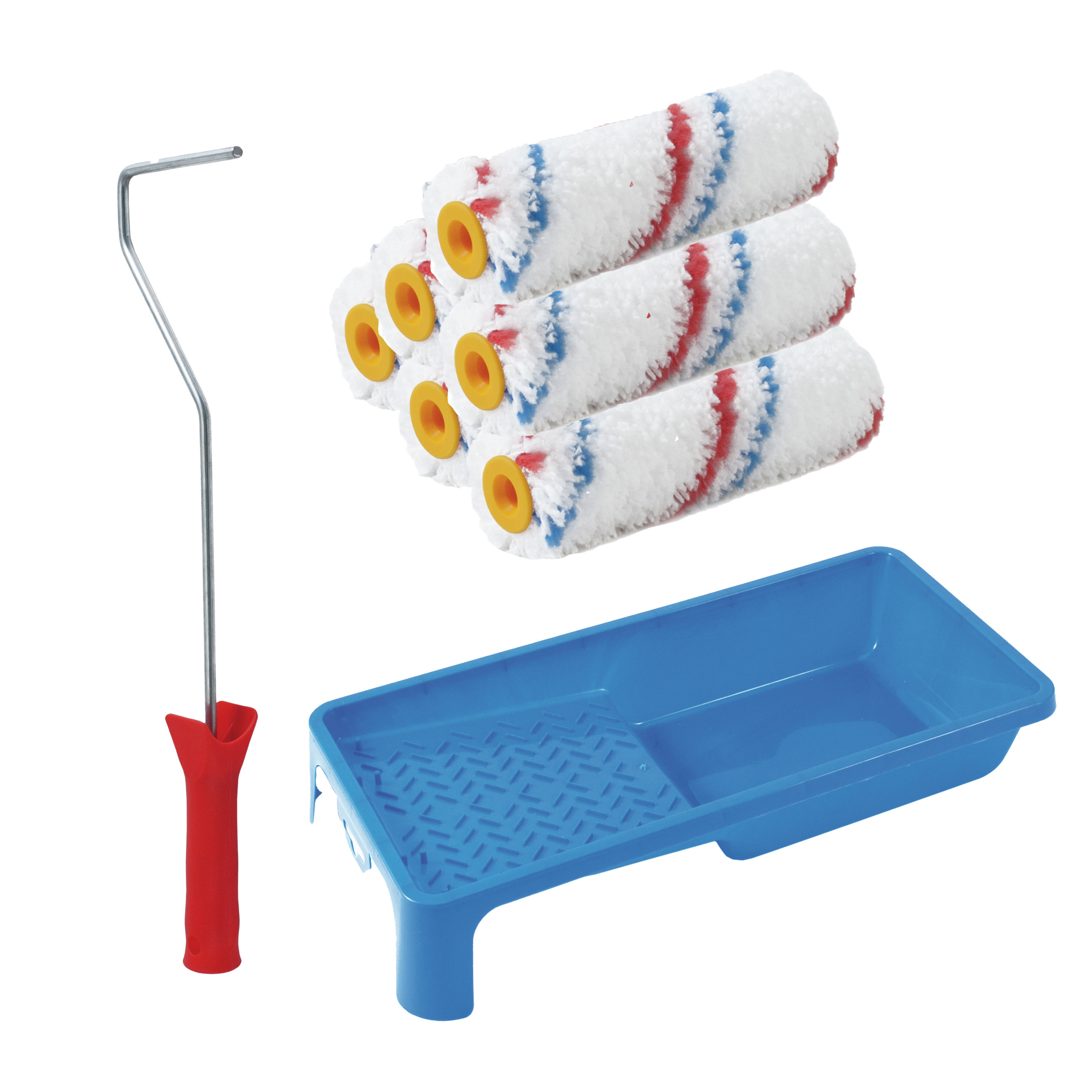Sorex Verfrollers schilderen set - beugel en verfbak - 6x anti spat vacht verfrollers - 10 cm -