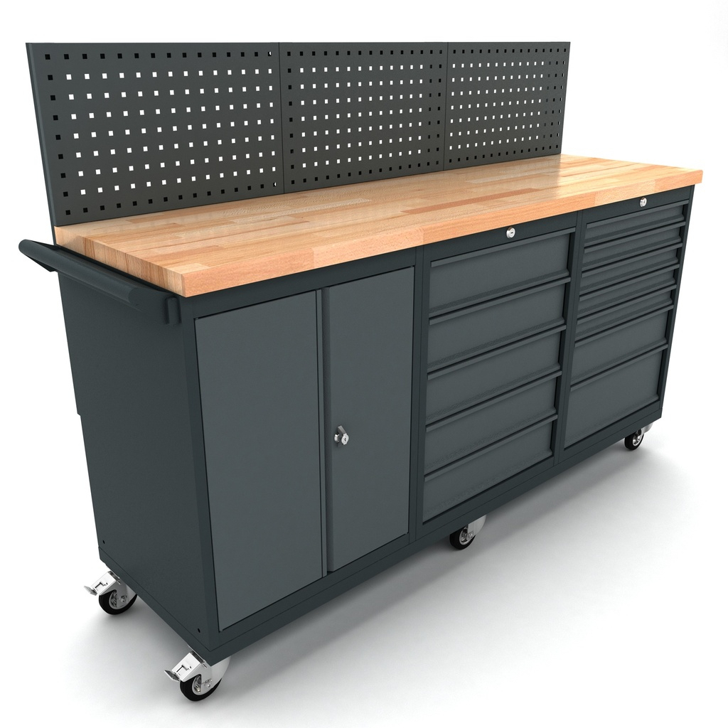 TOOLBOX4YOU Verrijdbare werkbank 2 deuren 12 laden kast incl. gereedschapswand