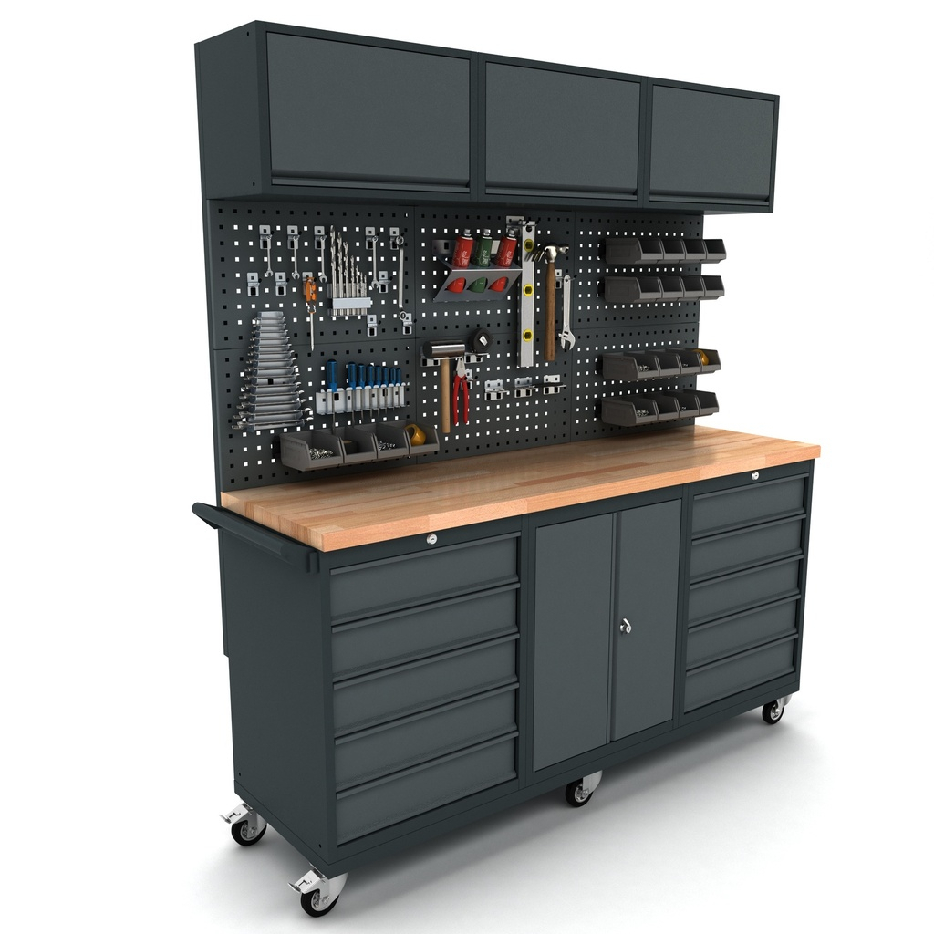 TOOLBOX4YOU Verrijdbare werkbank 2 deuren 2 x 5 laden kast incl. gereedschapswand en bovenkast