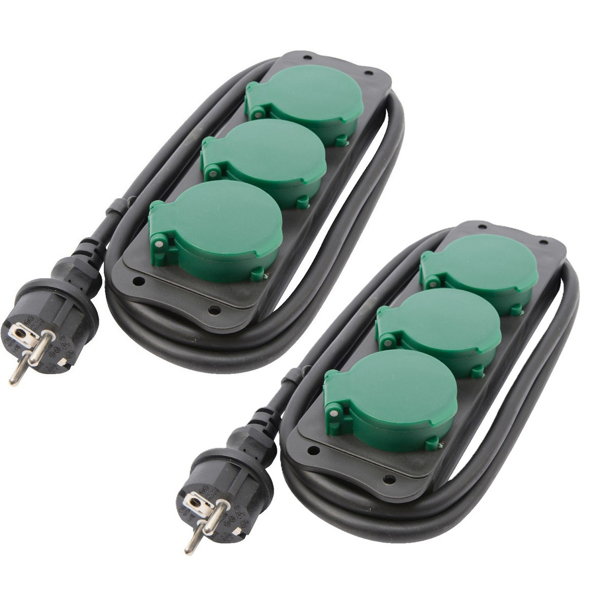 Lumineo Stekkerdoos - 2x - zwart/groen - 3-voudig - 1,5 meter snoer - 3680W - weerbestendig - waterproof -