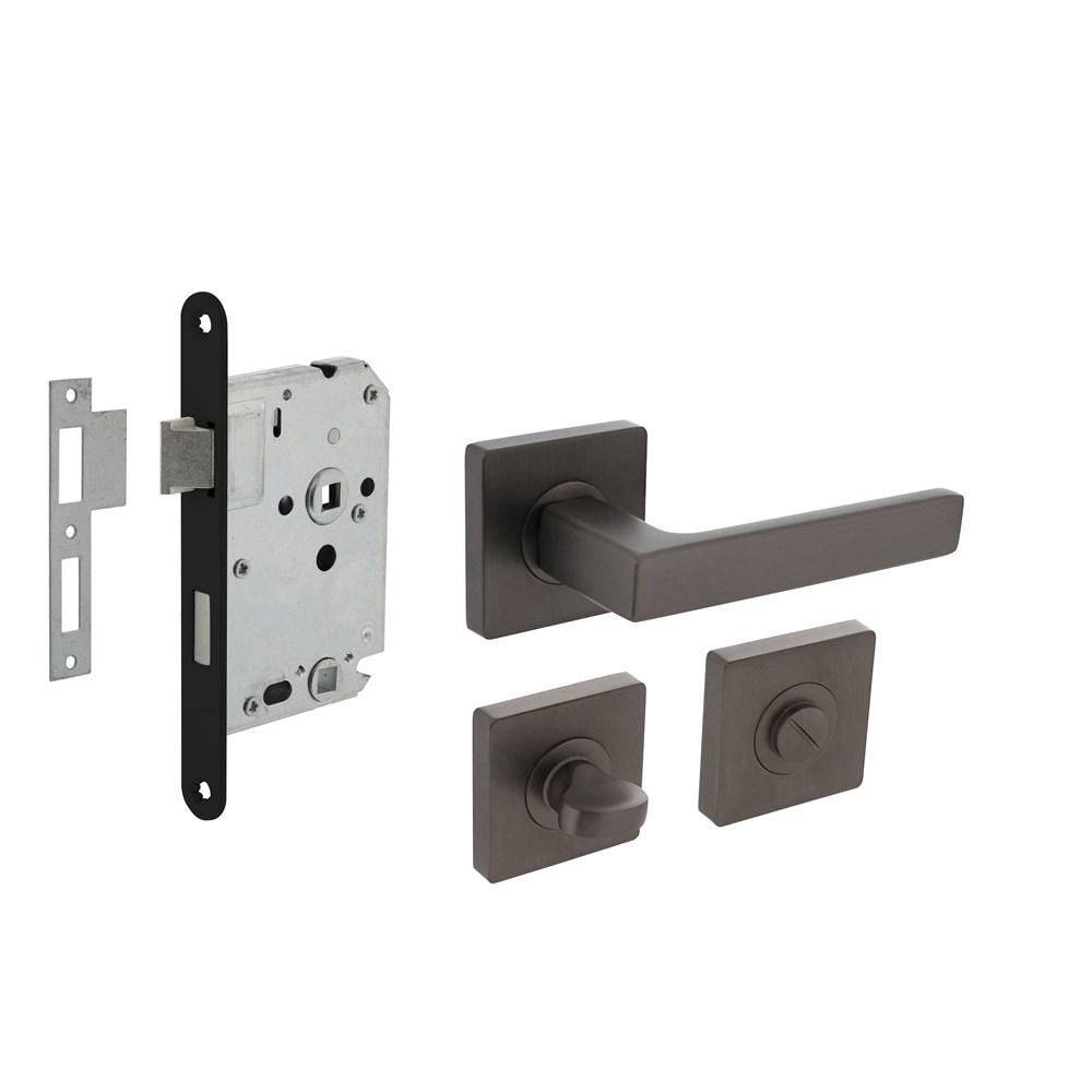 Intersteel Set toiletslot 63/8mm zwart met deurkruk Hera op rozet 55x55mm en WC-sluiting antraciet grijs