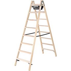 Munk houten trap, naaldhout/beuken, 80 mm geribbeld, hoefijzerscharnieren, 150 kg, emmerhaak, textiel gordelspreider veiligheidsvoorziening, 2x8 treden