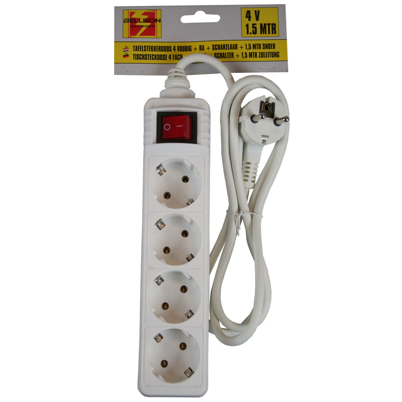 Benson stekkerdoos -3x - 4-voudig - wit - 1,5 meter - met randaarde en schakelaar -
