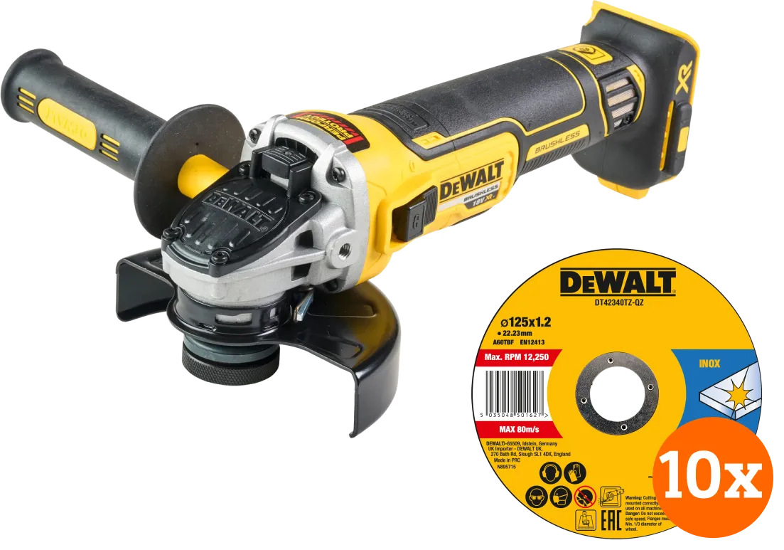 Dewalt DCG405NT-XJ (zonder accu) +  Doorslijpschijf INOX 125x1x22,2mm 10 stuks