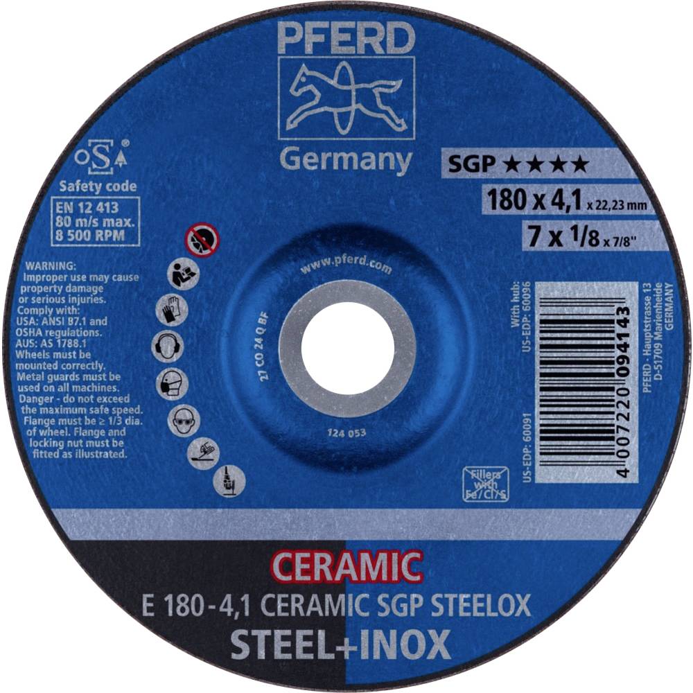 PFERD TOOLS 62100180 E 180-4,1 CERAMIC SGP STEELOX Afbraamschijf gebogen Diameter 180 mm Boordiameter 22.23 mm RVS, Staal 10 stuk(s)