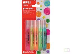 Apli Kids glitterlijm, blister met 5 tubes van 13 ml in geassorteerde fluo kleuren