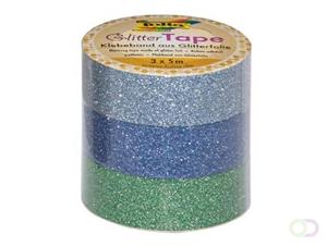 Folia glittertape blauw en groen rolletje met 3 stuks