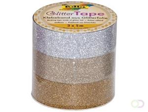 Folia glittertape zilver en goud rolletje met 3 stuks