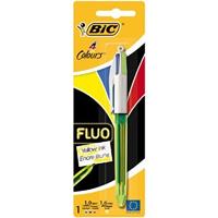 Vierkleurenbalpen BIC 4 Colours Fluo, onuitwisbaar, 0,4 mm, incl. neongeel om te highlighten