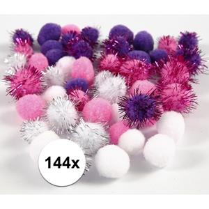 Bellatio 144x knutsel pompons 15-20 mm wit/paars