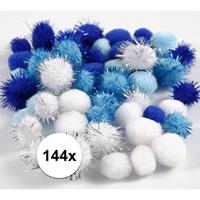 Bellatio 144x knutsel pompons 15-20 mm wit/blauw