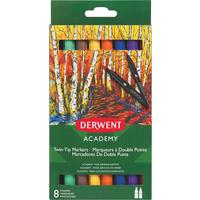 Derwent twin tip viltstiften Academy, normale/brush punt, blister van 8 stuks in geassorteerde kleuren