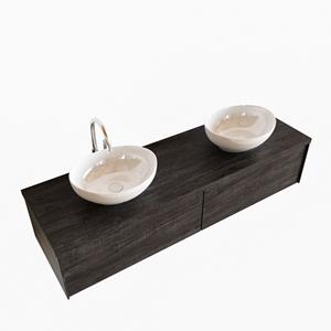 Boss & Wessing Badkamermeubel BWS Madrid Dark Brown 150 cm met Massief Topblad en Keramische Waskom Rechts (2 lades, 2 kraangaten)