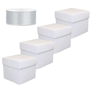 Set 4 cadeaudoosjes wit 10 x 10 cm / zilver sierlint 25 meter Wit