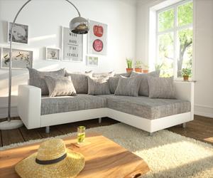 DELIFE Ecksofa Clovis Weiss Hellgrau modular Armlehne Ottomane Rechts, Design Ecksofas, Couch Loft, Modulsofa, modular