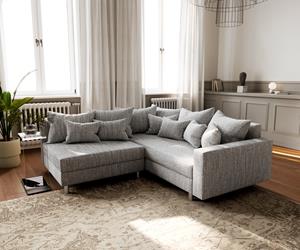 DELIFE Ecksofa Clovis Hellgrau Strukturstoff Armlehne Ottomane Rechts, Design Ecksofas, Couch Loft, Modulsofa, modular