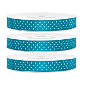 3x Hobby/decoratie turquoiseblauwe satijnen sierlinten met witte stippen 1,2 cm/12 mm x 25 meter Turquoise