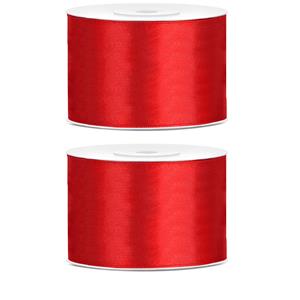 2x Hobby/decoratie rood satijnen sierlinten 5 cm/50 mm x 25 meter Rood
