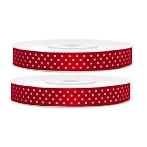 2x Hobby/decoratie rode satijnen sierlinten met witte stippen 1,2 cm/12 mm x 25 meter Rood