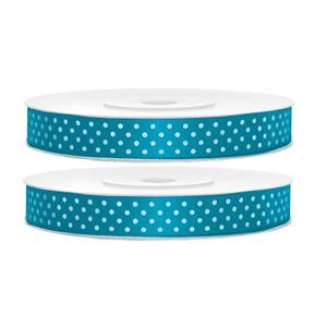 2x Hobby/decoratie turquoiseblauwe satijnen sierlinten met witte stippen 1,2 cm/12 mm x 25 meter Turquoise