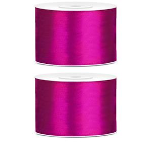 2x Hobby/decoratie donker fuchsia roze satijnen sierlinten 5 cm/50 mm x 25 meter Fuchsia