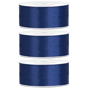 3x Hobby/decoratie donkerblauwe satijnen sierlinten 2,5 cm/25 mm x 25 meter Blauw - Cadeaulinten