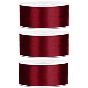 3x Hobby/decoratie bordeaux rode satijnen sierlinten 2,5 cm/25 mm x 25 meter Rood - Cadeaulinten