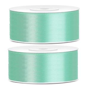 2x Hobby/decoratie mint groene satijnen sierlinten 2,5 cm/25 mm x 25 meter Groen - Cadeaulinten