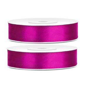 2x Hobby/decoratie fuchsia roze satijnen sierlinten 1,2 cm/12 mm x 25 meter Fuchsia - Cadeaulinten