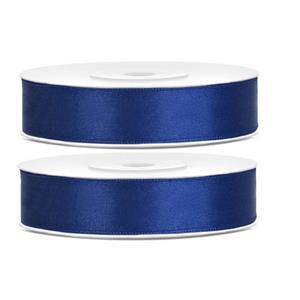 2x Hobby/decoratie donker blauw satijnen sierlinten 1,2 cm/12 mm x 25 meter Blauw - Cadeaulinten