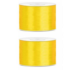2x Hobby/decoratie geel satijnen sierlinten 5 cm/50 mm x 25 meter Geel - Cadeaulinten